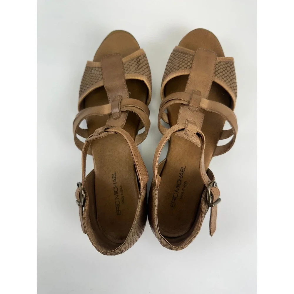 Eric Michael Brown Snakeskin Textured Strappy T-Strap Sandals Spain Women 39 8.5